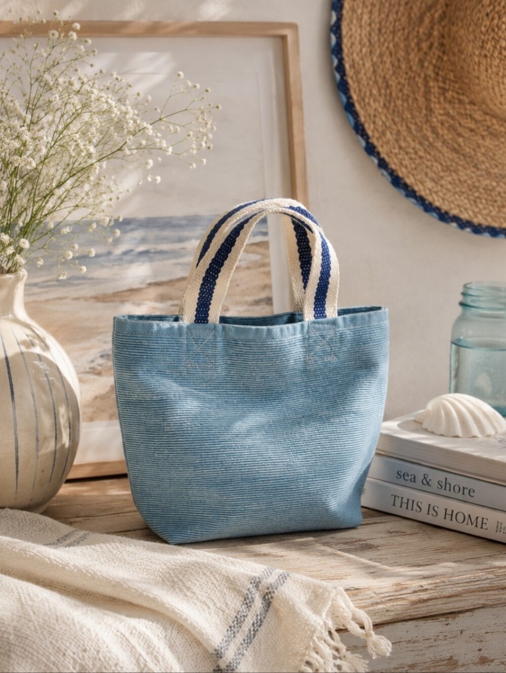 Textured Blue Small Tote with Blue-Striped Handles Boho Beachy Nautical Classic